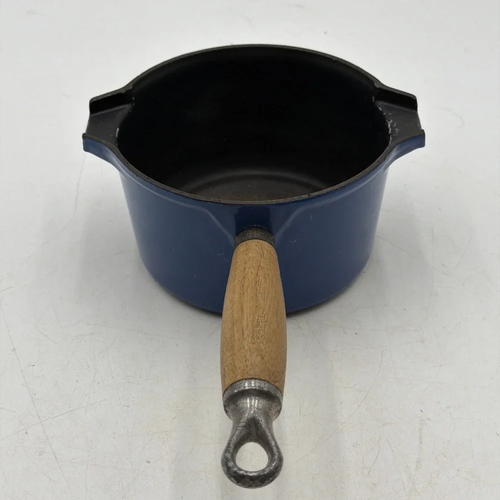 VTG Le Creuset Blue Enameled Cast Iron 1 QT Double Pour Saucepan W/Wood Handle